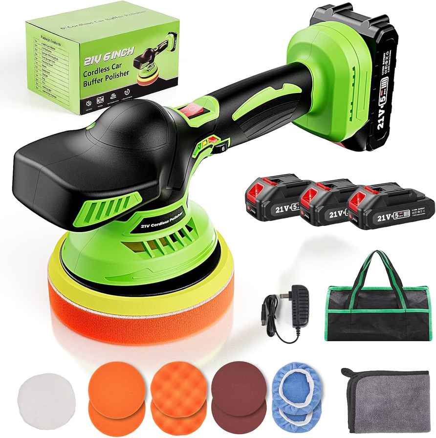Avhrit 6 Inch 21V Cordless Car Buffer - Polisher Kit with 3 x 2.0 Batteries - Car Wax Buffer for Detailing - Polisher with 6 Variable Speeds for Detailing, Waxing, Buffering, and Polishing